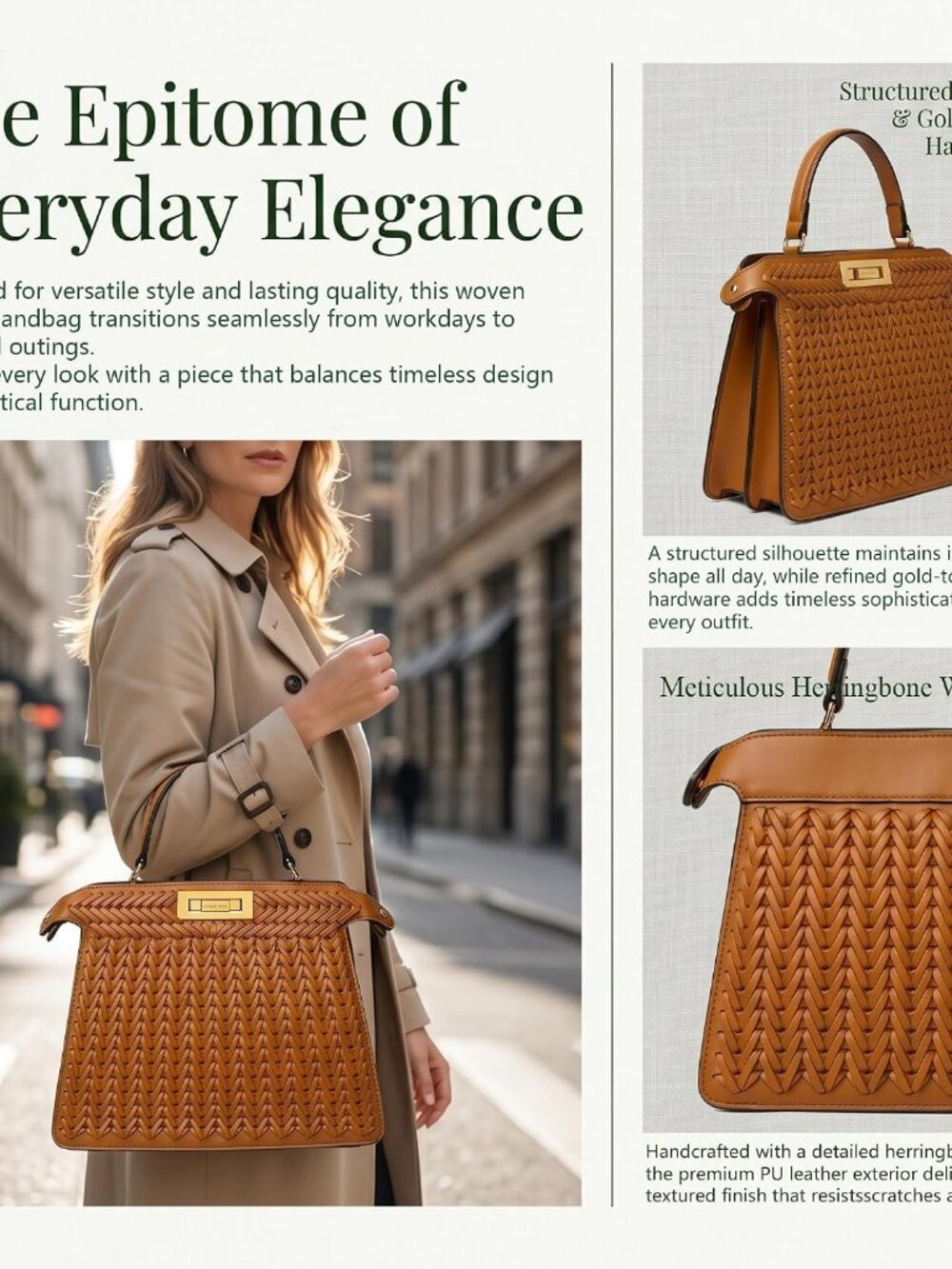 Woven Faux Leather Shoulder Bag for Women - Genuine Faux Leather Top Handle Purs - Picture 4 of 7